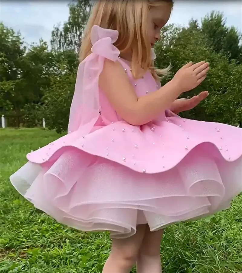 

Lovely Pink Flower Girl Dress with Ribbon Bow Evening Birthday Party Gown First Communion Dress Kid Toddler TUTU Kid 1-14T