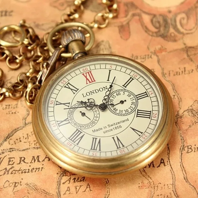 

Men Women Pocket Watch Bronze Vintage Retro Copper Steampunk antique Roman Watch Automatic Mechanical Hand Wind with Metal Chain