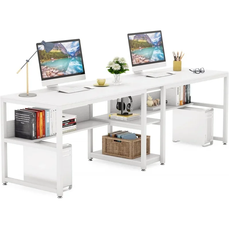 

Tribesigns Two Desk with Bookshelf, 78.7 Computer Office Double for Person, Rustic Writing Workstation