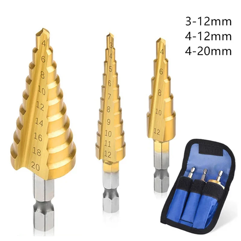 

HSS Step Bit 3-12mm Groove Tools 4-32mm Titanium Drilling Core Drill Set Straight Wood Metal Coated 4-12mm Hole 4-20mm Cutter