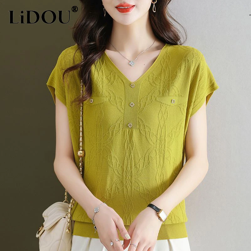 

Summer V-neck Loose Casual Oversized Jacquard T-shirt Female Short Sleeve Solid Color Fashion All-match Pullover Top Tee Women