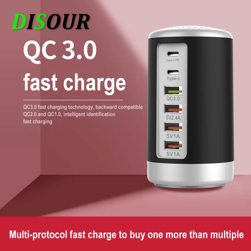 DISOUR Multi Port USB Fast Charger HUB QC3.0 65W Quick Charge 6 Port Type C PD Charger Mobile Phone Charging Dock Station
DISOUR Multi Port USB Fast Charger HUB QC3.0 65W Quick Charge 6 Port Type C PD Charger Mobile Phone Charging Dock Station