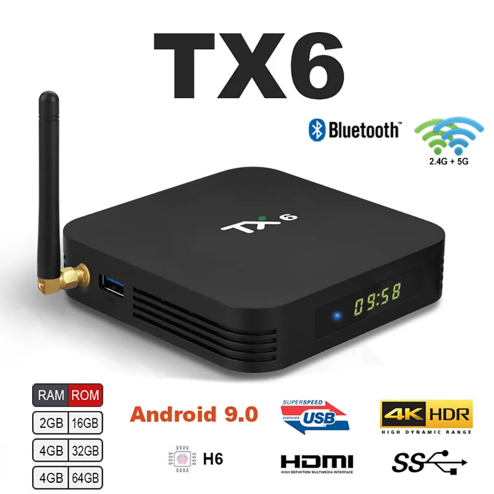 

TX6 Android 9.0 TV Box 4GB 64GB 5.8G Wifi Allwinner H6 Quad Core USB BT4.2 4K Media Support Google Player Youtube IP&TV Boxes