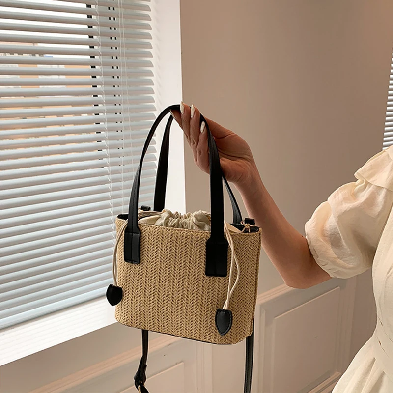 Knit Straw Bucket Tote - Woven Beach Travel Bag with Wrist Handle 14 S573e1fb8cdd44746a67efa0225e3abe07