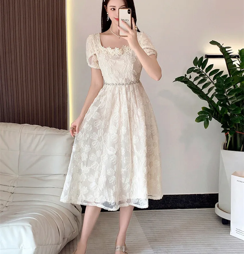 

New France Elegant Summer Mesh Embroidery Slim Dress High Quality Women Square Collar Beading Sequin Floral Holiday Midi Dresses