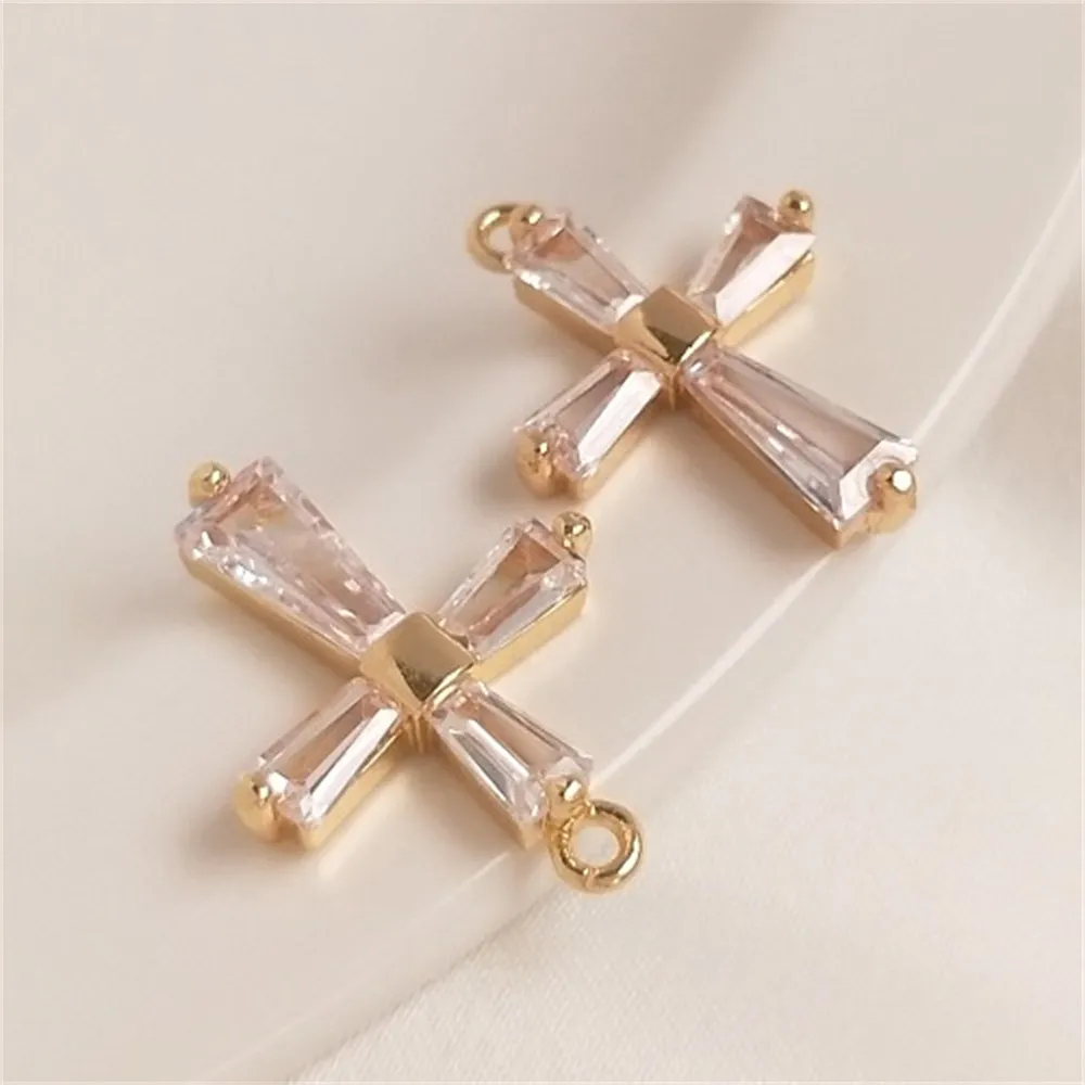 

14K Gold-plated Copper Plated Genuine Gold Inlaid Sparkling Zircon Cross Pendant, Handcrafted DIY Chain Necklace Pendant K064