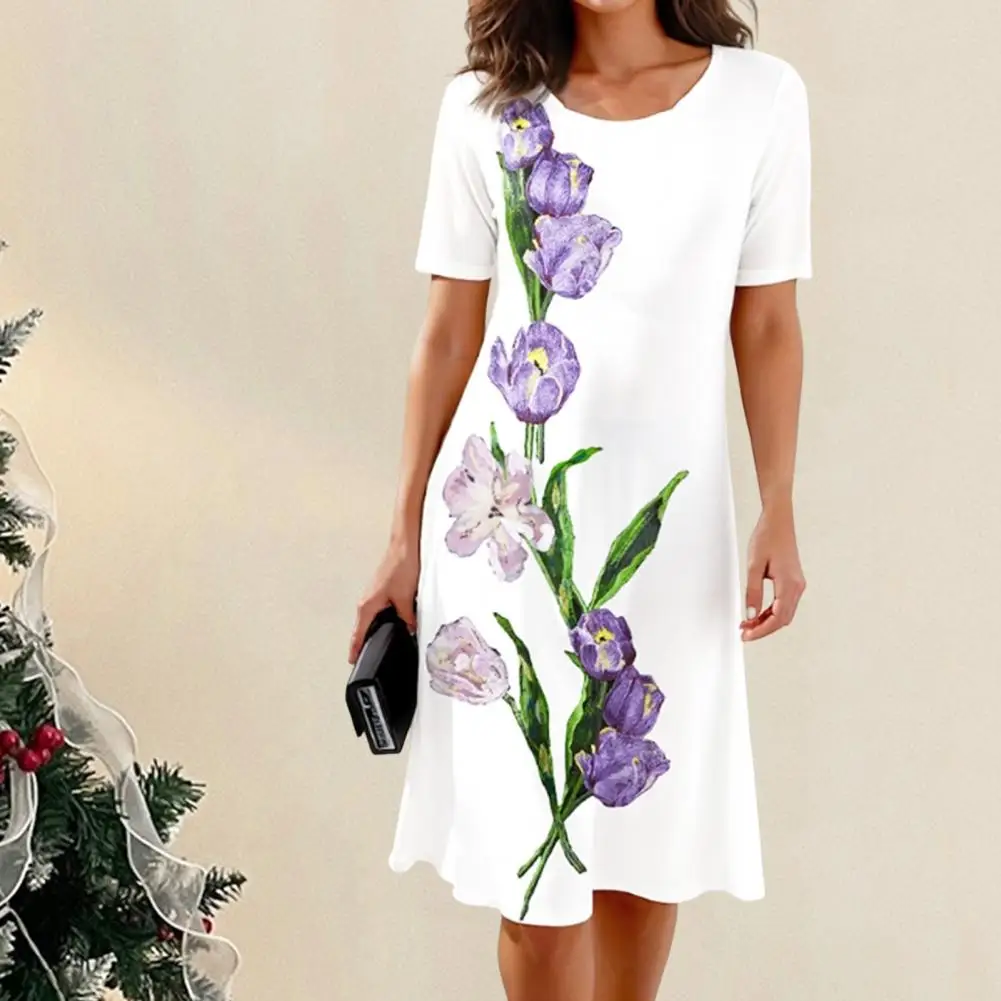 

Soft Dress Floral Tulip Print Summer Dress for Women Soft Breathable Knee Length Midi Dress with Short Sleeves for Commute