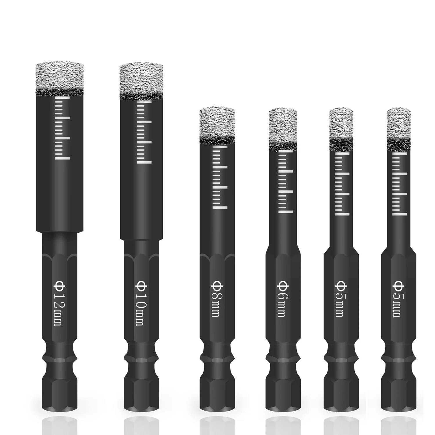 6Pc Black Dry Diamond Drill Bits Set for Granite Ceramic Marble Tile Stone Glass Hard Materials 5/6/8/10/12mm
6Pc Black Dry Diamond Drill Bits Set for Granite Ceramic Marble Tile Stone Glass Hard Materials 5/6/8/10/12mm