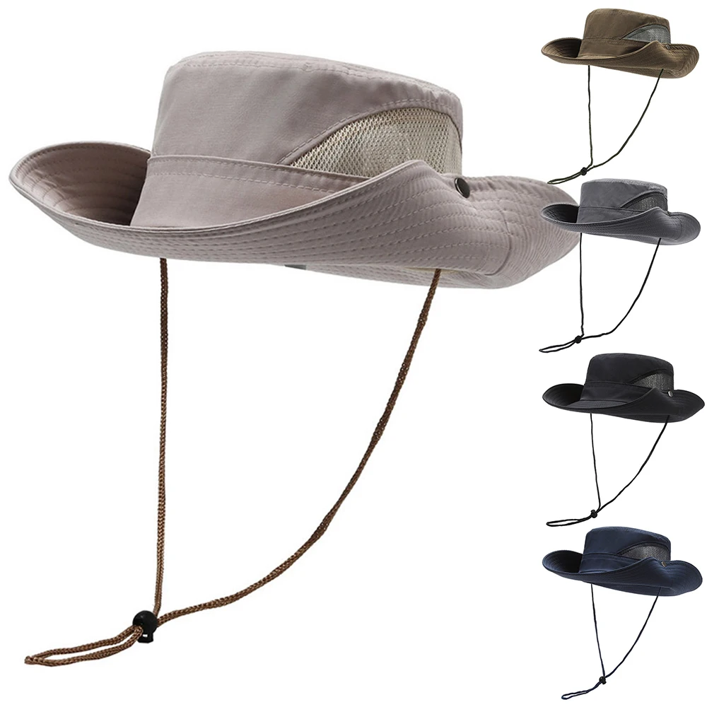 

Summer Men Bucket Hat Outdoor UV Protection Wide Brim Panama Safari Hunting Hiking Casual Sun Cap Beach Sunscreen Fisherman Hat