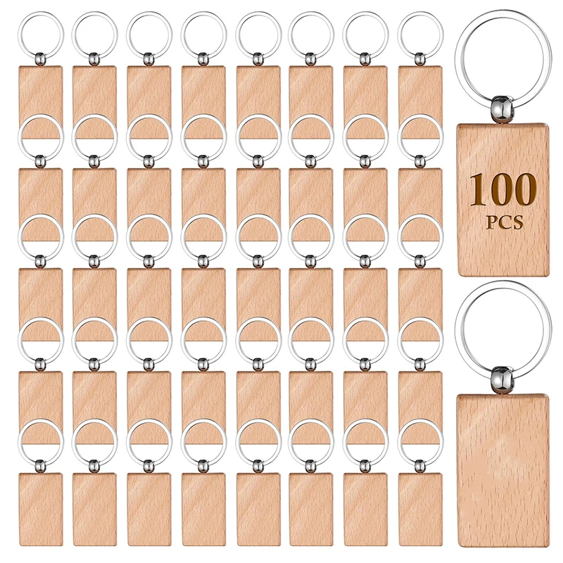 

100Pcs Wood Keychain Rectangular Natural Wood Blanks for Keychains Pet Tags Name Tags DIY Crafts and Decorations