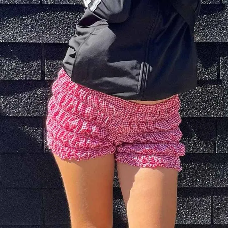 

Cottage Plaid Print Shorts Low Rise Frill Tiered Slim Fit Short Pants 90s Vintage Folds Lounge Shorts E-girl Kawaii Streetwear