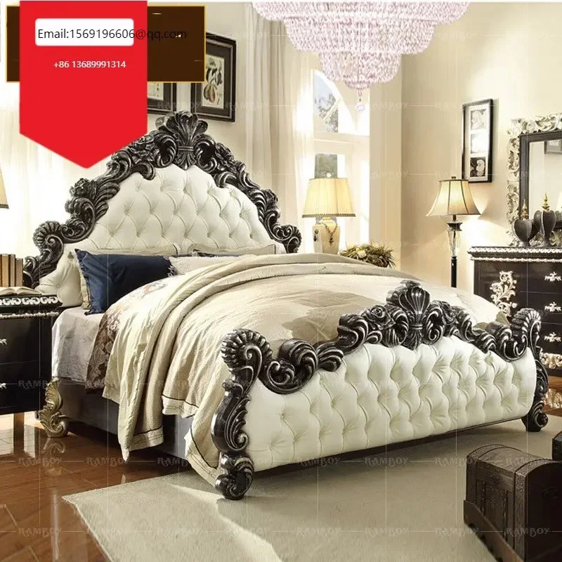 

Luxury king bed European solid wood carved leather double palace princess villa bedroom bed