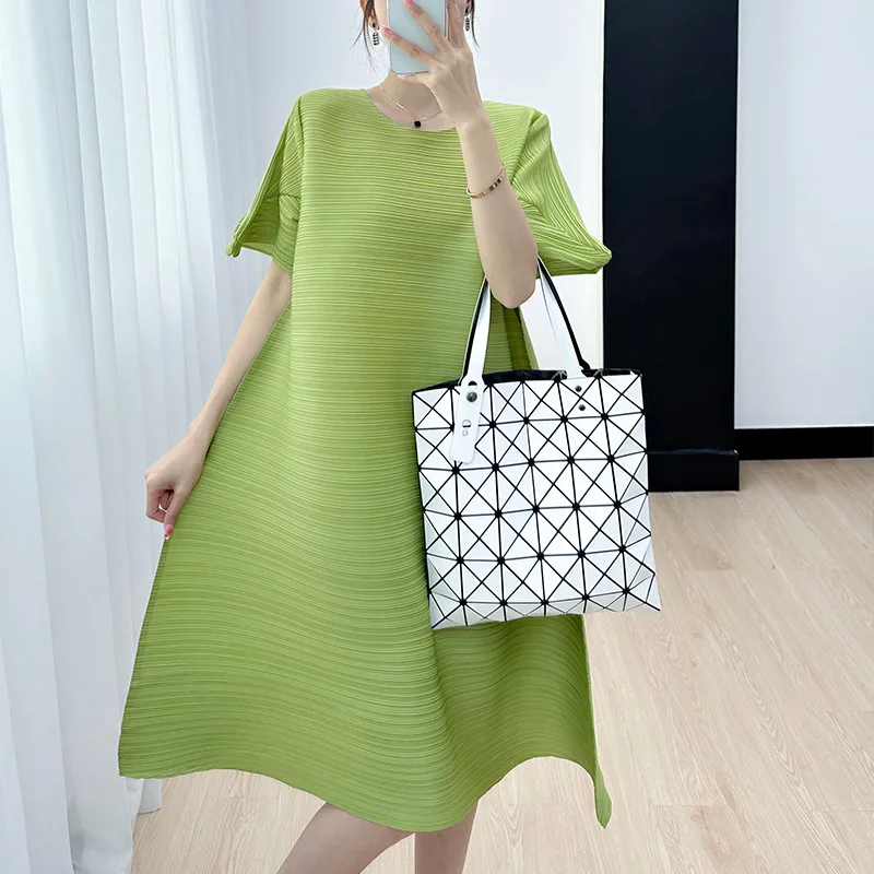 

Miyake Pleated Dress for Women 2023 Summer New High Sense Niche Solid Color Tube about Loose Slimming Round Neck Elegant Dress