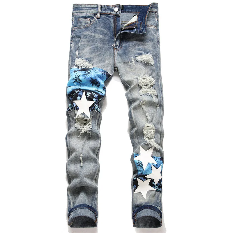 

Hi Street Destroyed Jeans Pants With Star Patchwork Streetwear Hip Hop Ripped Denim Trousers Straight Fit Distressed Bottoms