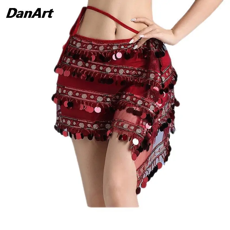 

Женская набедренная юбка с пайетками и кисточками для танца живота