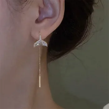 여성을 위한 패션 긴 술 귀 라인 귀걸이 한국어 기질 크리스탈 물고기 꼬리 드롭 귀걸이, 소녀 데일리 파티 쥬얼리