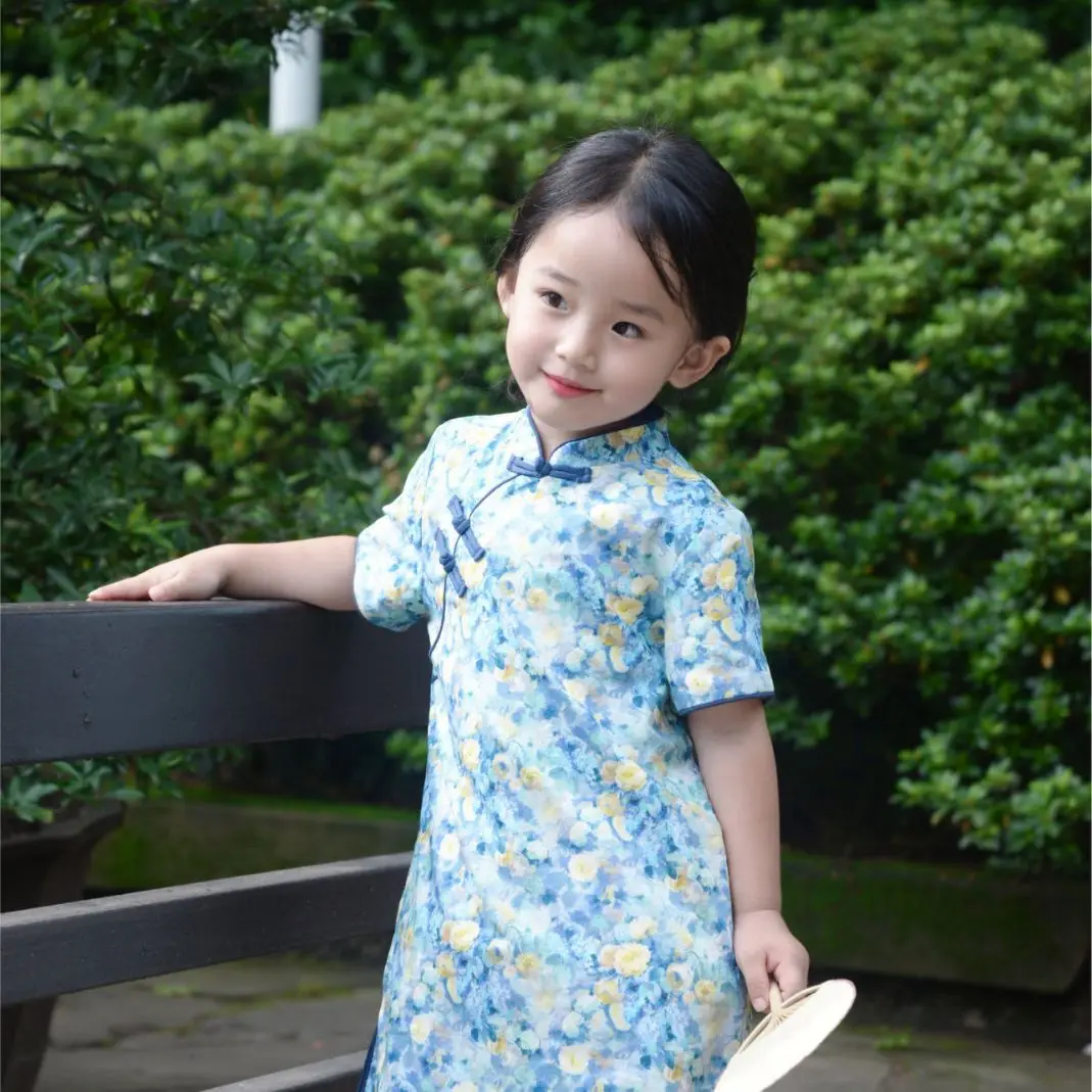 

Panda Baby 2023 Spring/Summer New Girls Chinese Style Short-Sleeved Cheongsam Dress Floral Print Baby and Parent-child Style