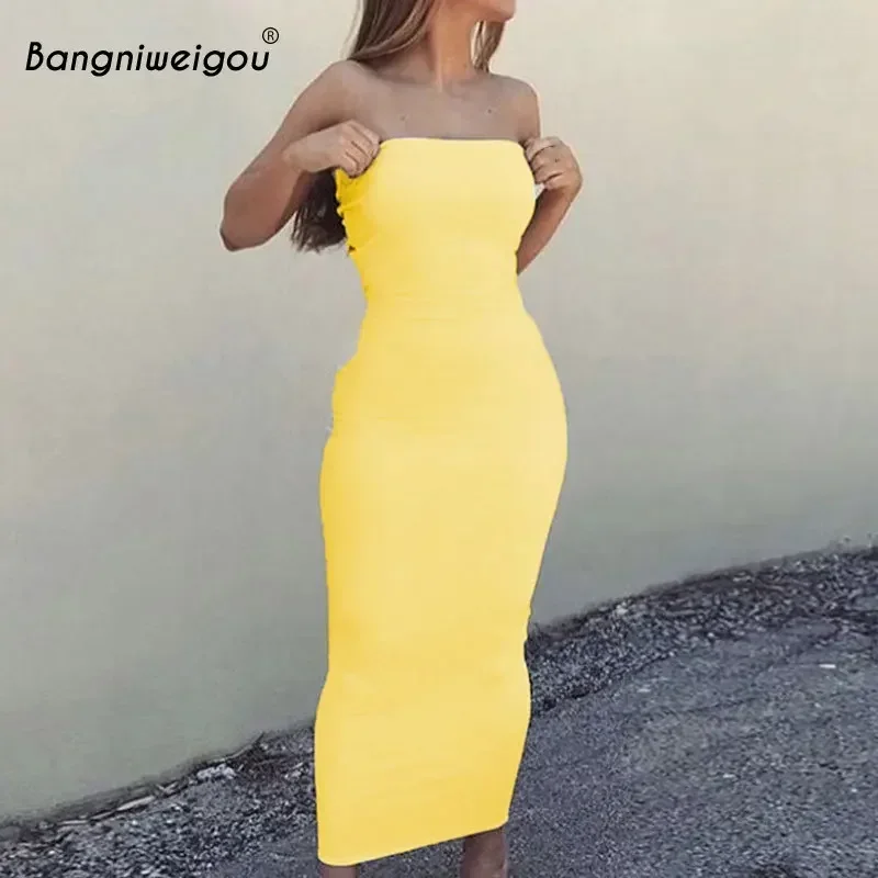 

Bangniweigou Sexy Off Shoulder Tube Dress Yellow Women Summer Bodycon Sundress Strapless Stretchy Bandage Long Robe Femme
