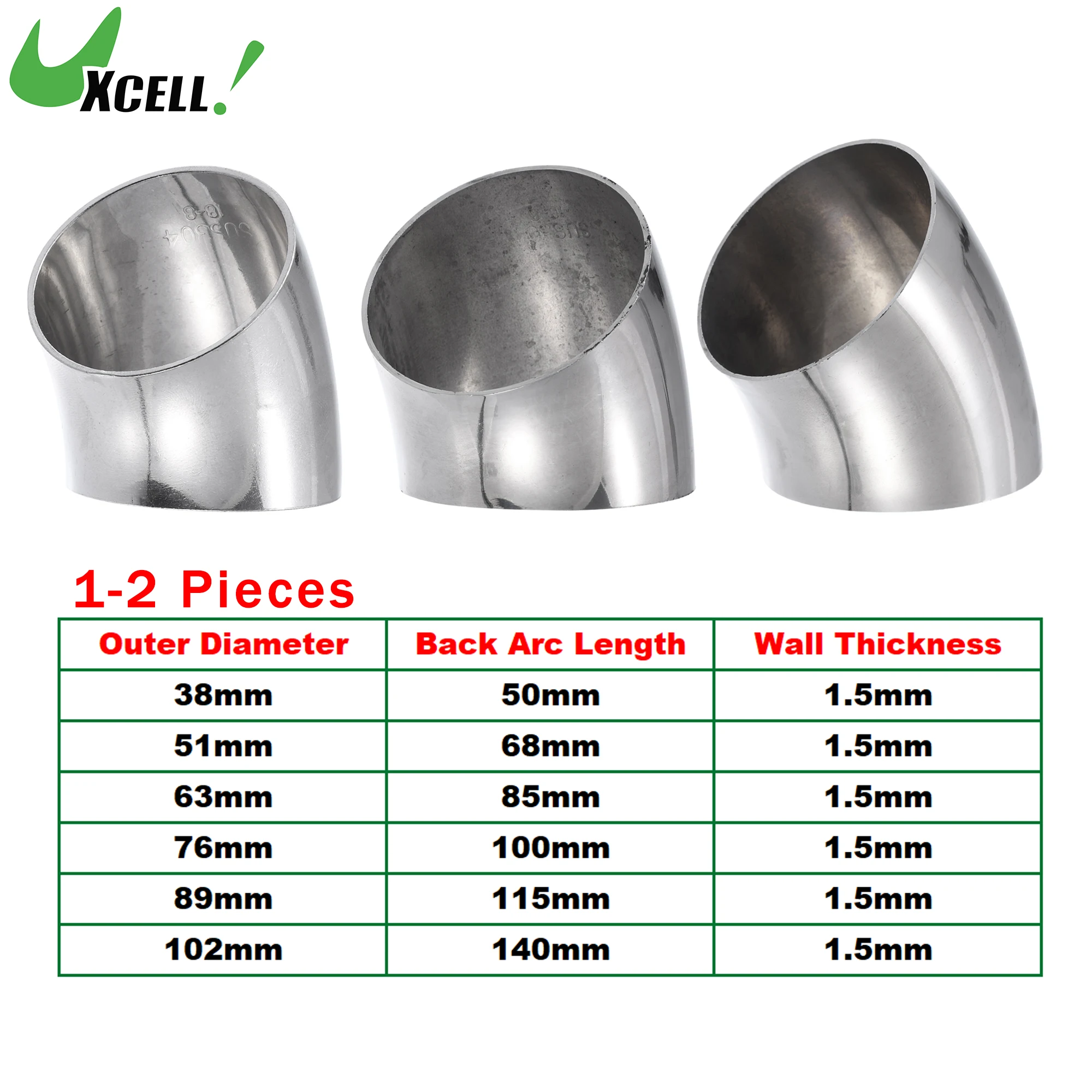 

UXCELL 1/2 Pcs 38 51 63 76 89 102mm OD 45 Degree Exhaust Elbow Pipe Mandrel Bend Elbow SS304 Stainless Steel Bend Tube