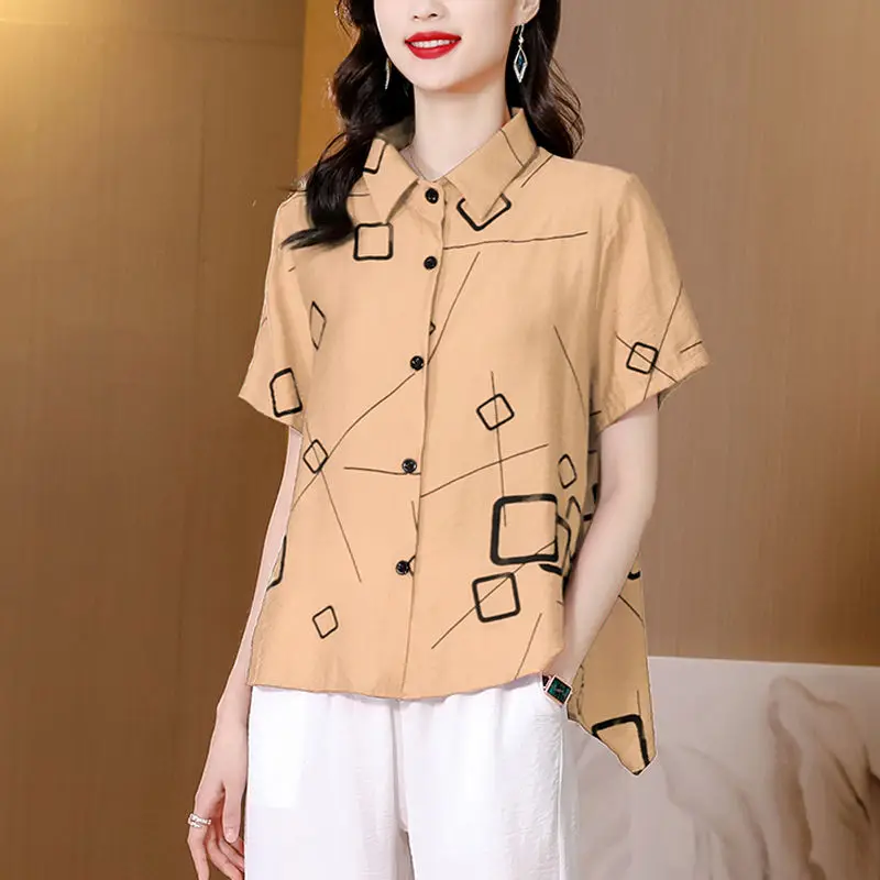 

Women's Summer Button Turn-down Collar Geometric Print Short Sleeve Cardigan Shirt Casual Asymmetrical Vintage Vacation Tops