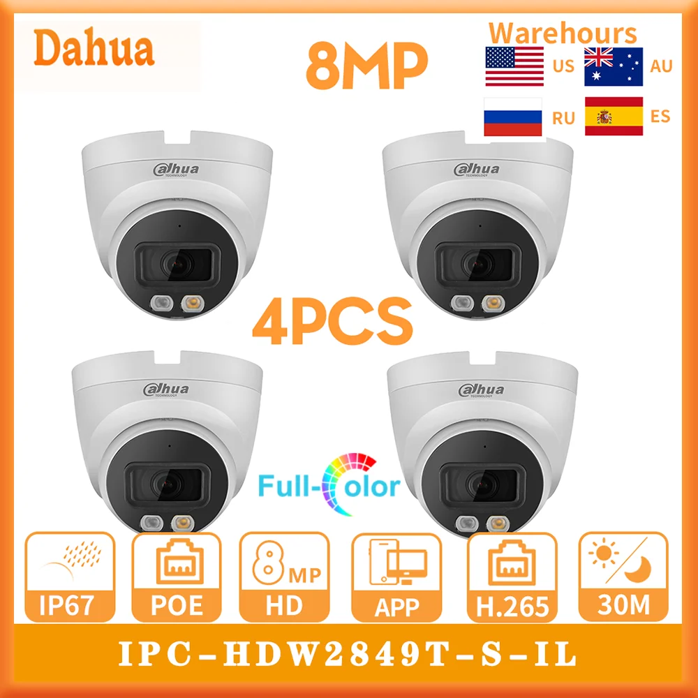 

4PCS Dahua IPC-HDW2849T-S-IL 8MP Full-color IP Surveillance Camera Built-in Mic SD Card Slot Network Dome IR 30m Dual Light POE