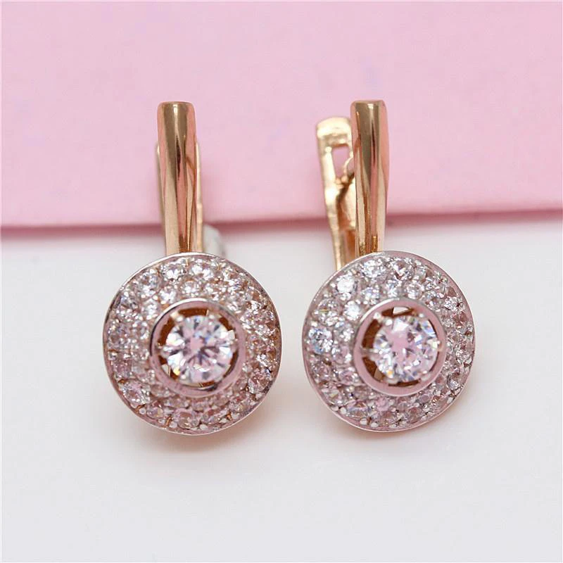 

585 Purple Gold Encrusted Crystal Sparkling Round Earrings for Women Classic 14K Rose Gold Court Style Party Engagement Jewelry