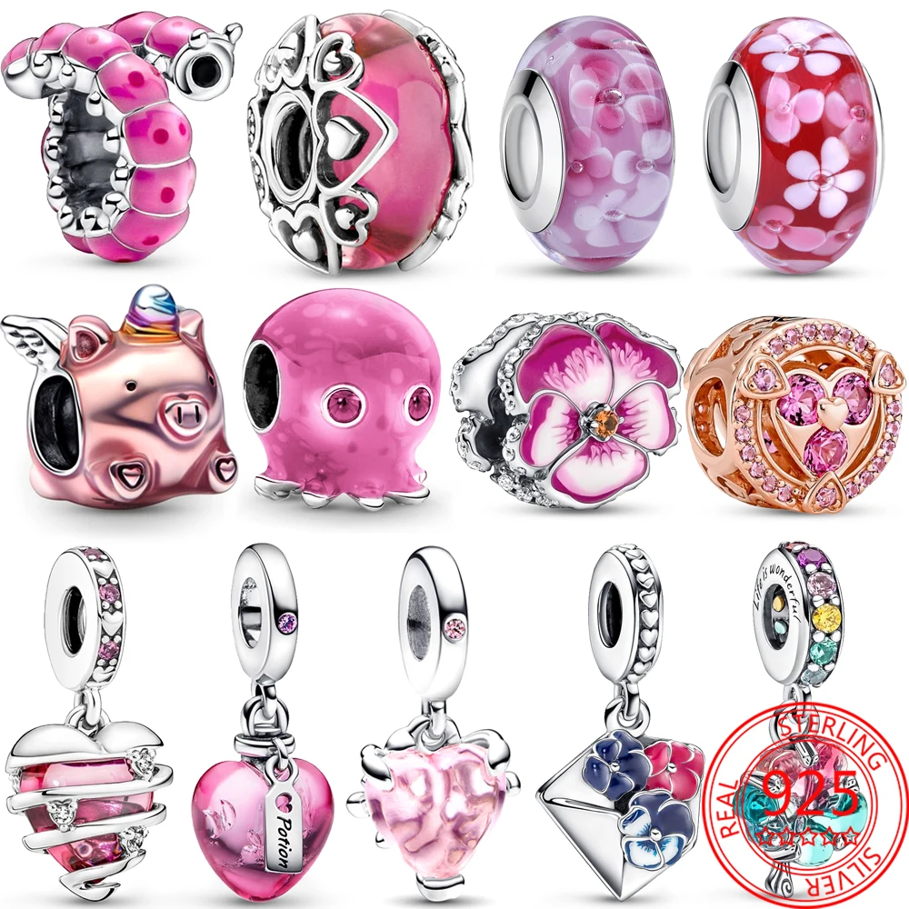 

Baby Gift 925 Sterling Silver Pink Series Pig Caterpillar Octopu Charm fit 3mm Pandora Bracelet & Bangle DIY Jewelry Makings