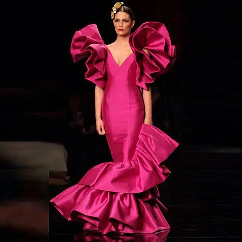 

Elegant Ruffles Evening Dresses for Women Satin V-Neck Floor-Length Tiered Prom Party Special Events Wedding Gala Guest 2023 New
