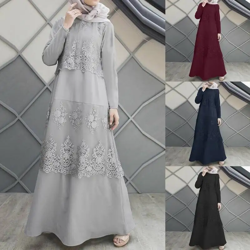 

Elegant Muslim Dress Women Hijab Clothing Long Sleeve Lace Crochet Stitching Dresses Turkey Kaftan Caftan Marocain Abaya Dubai