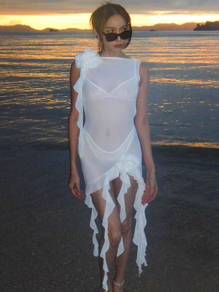 

Women Fashion Elegant Sexy Mesh See Through Bodycon Mini Dress Irregular Backless Sexy Ruffles Fringe Summer Beach Party Dresses