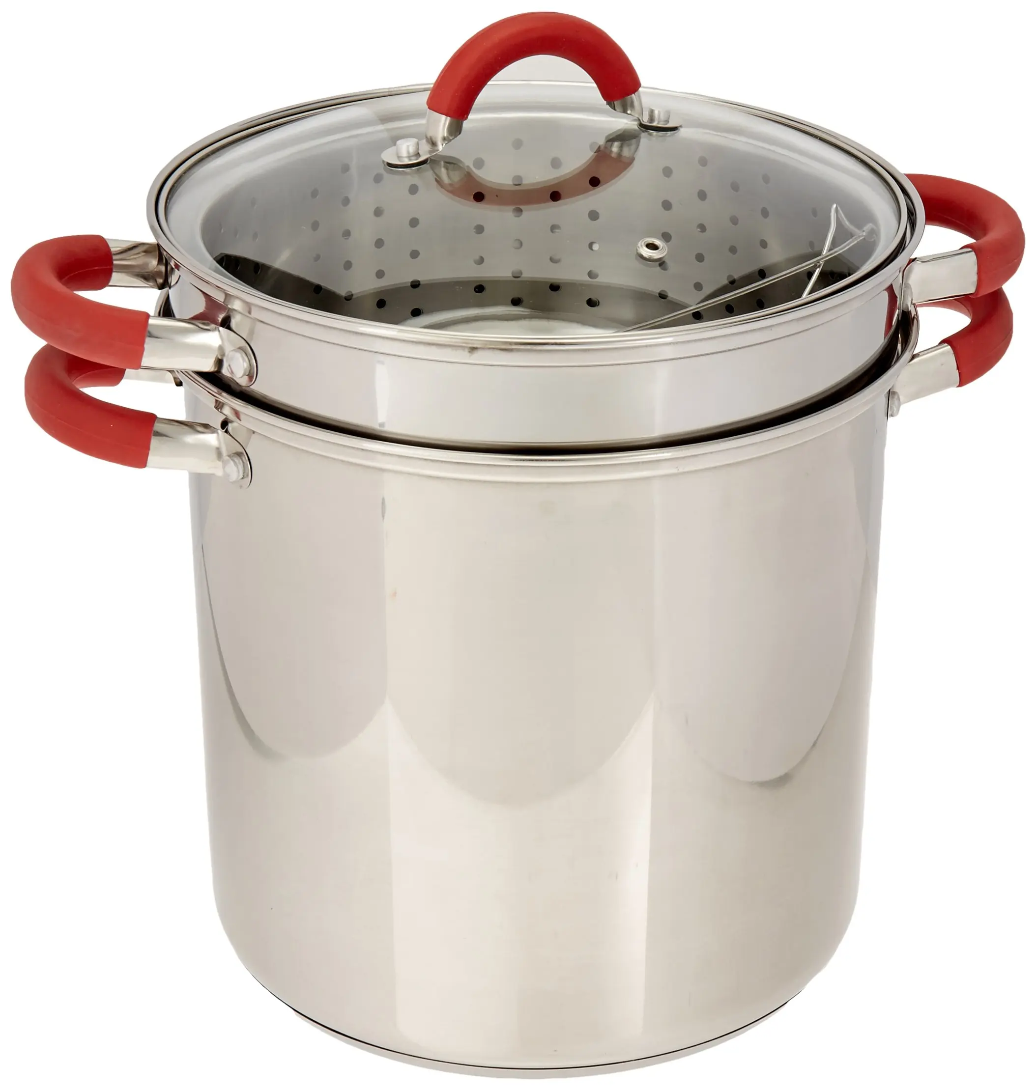 

12 Qt Multifunction Stainless Steel Pasta Cooker - Encapsulated Base, Vented Glass Lid, Riveted Silicone Covered Handles