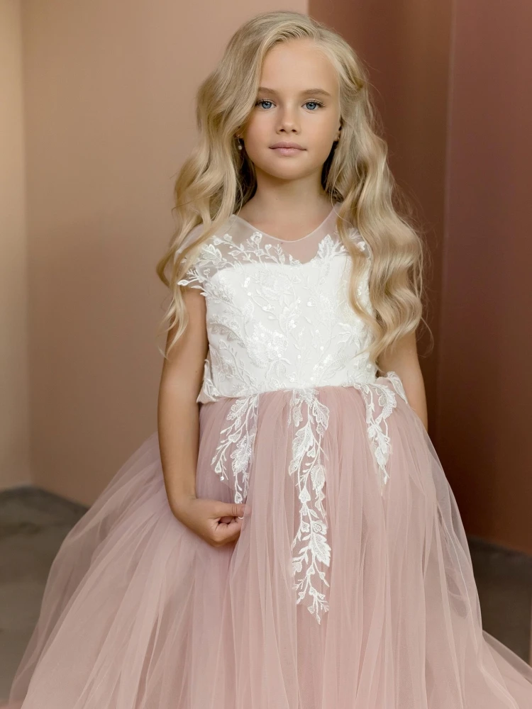 

Flower Girl Dresses Dusty Pink Tulle Puffy White Appliques Sleeveless For Wedding Birthday Party First Communion Gowns