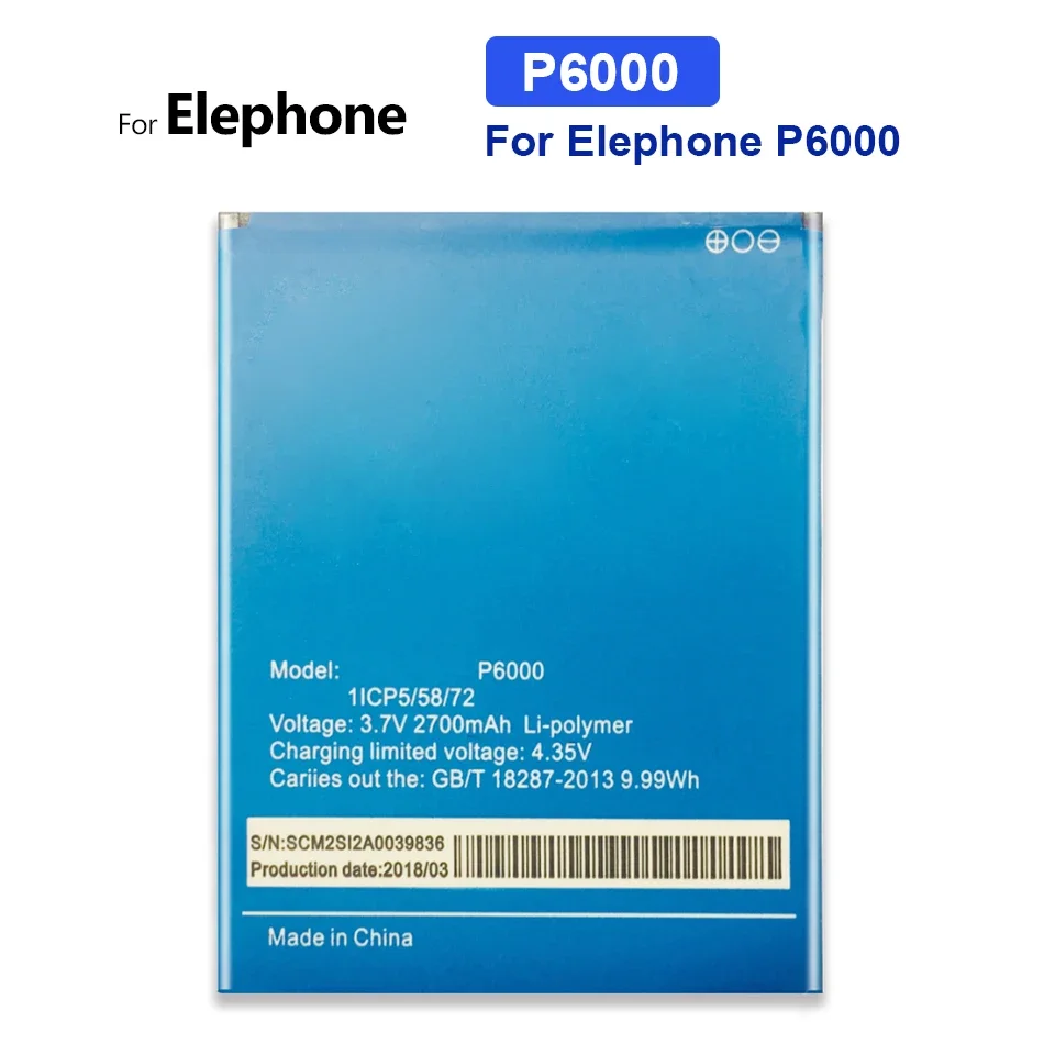 

Mobile Phone Battery for Elephone, P6000 Smartphone, 2700mAh, High Quality