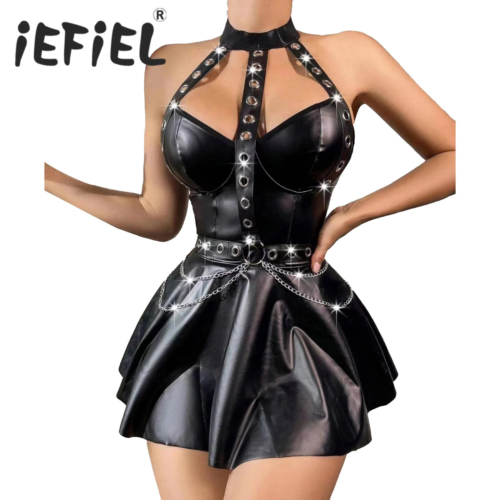 

Womens Punk Costume PU Leather Dress with T-Back Briefs Halter Sleeveless Eyelet Straps Chain A-Line Mini Dress for Club Street