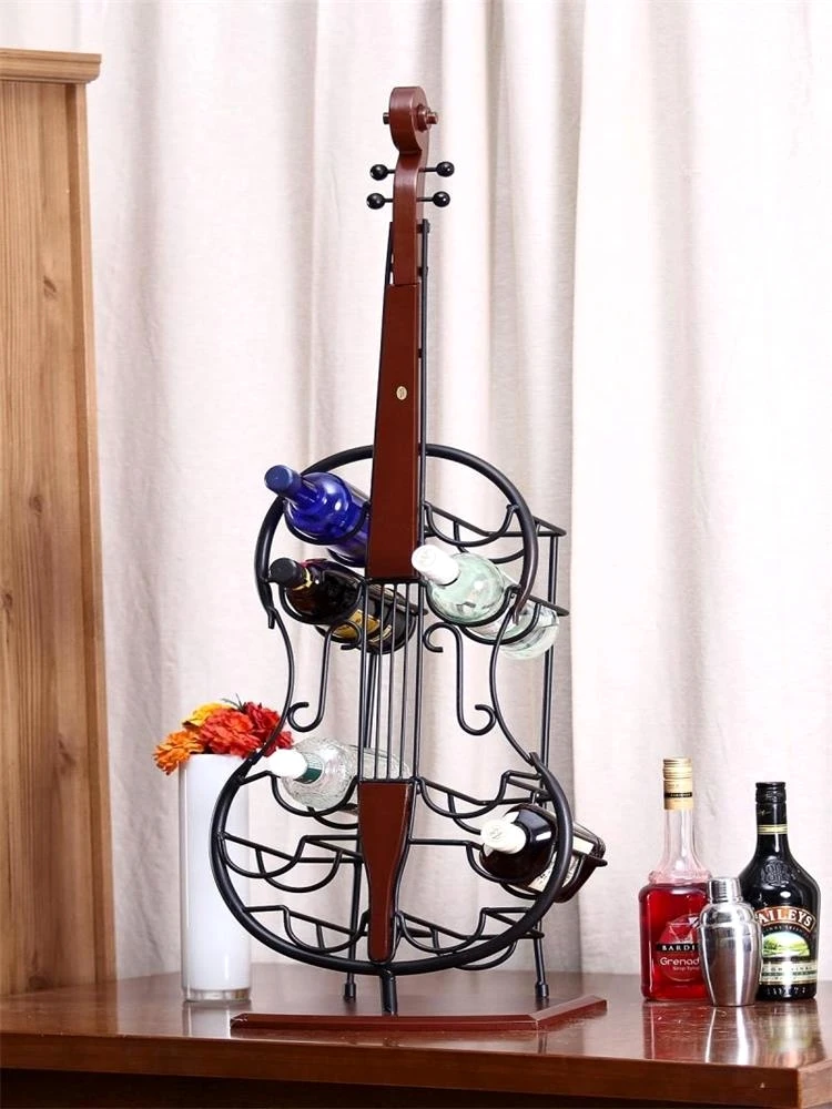 

Creative Iron Art Cello Model Wine Bottle Holder Decorative Wood Wine Storage Rack Kitchen Barware Handcraft Ornament Furnishing