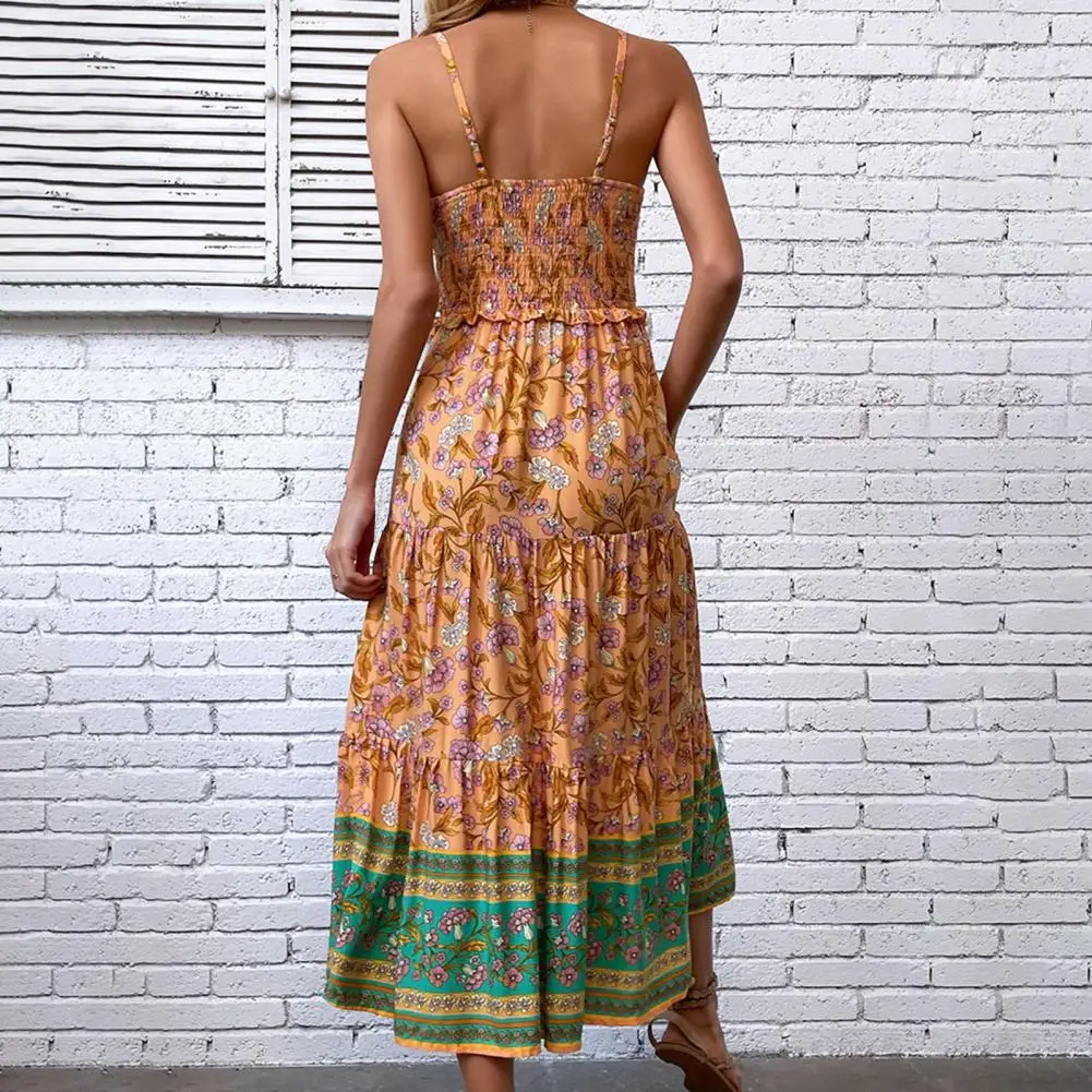 

Lightweight Printed Dress Ethnic Style Maxi Dress with Shirring Patchwork Detail Women's Sleeveless Vacation Sundress for Women