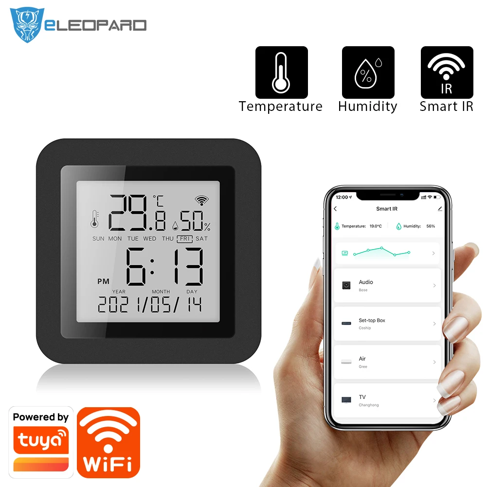 Датчик температуры и влажности Smarsecur Smart Life IR Tuya WIFI для умного дома с дистанционным управлением и дисплеем
Датчик температуры и влажности Smarsecur Smart Life IR Tuya WIFI для умного дома с дистанционным управлением и дисплеем