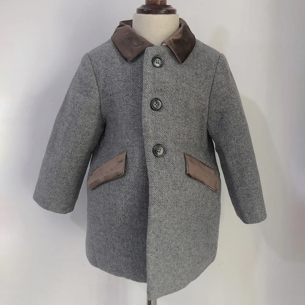 

Children Boutique Clothing Winter Boy Gray Woolen Herringbone Pattern Coat British Warm Quilted Jacket New Year's Eid Clothes