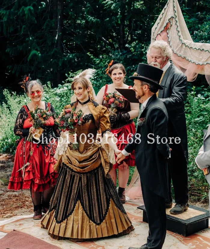 

Готическое свадебное платье в викторианском стиле панк, загар, корсет-футляр, плиссированная аппликация, а-силуэт, свадебное платье, средневековый Топ
