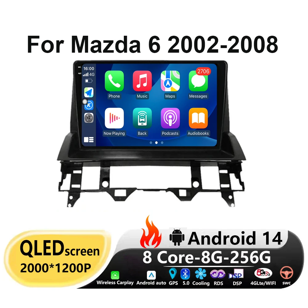 

Автомобильный экран QLED Carplay для Mazda 6 2002 2003 2004 2005 2006 2007 2008 Android 14, автомобильное радио, мультимедийный видеоплеер GPS WIFI 4G