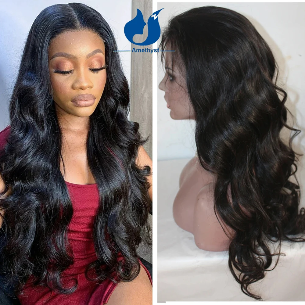 

Amethyst 150% Density Body Wave Human Remy Hair Wigs Lace Glueless Full Lace Wigs Wavy Pre plucked With baby hair Natural Color