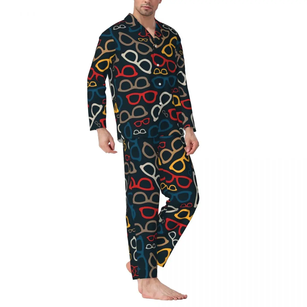 

Пижамный комплект с красочными очками и принтом, осенняя удобная домашняя пижама с умными очками для пар, 2 предмета, одежда для сна большого размера на заказ