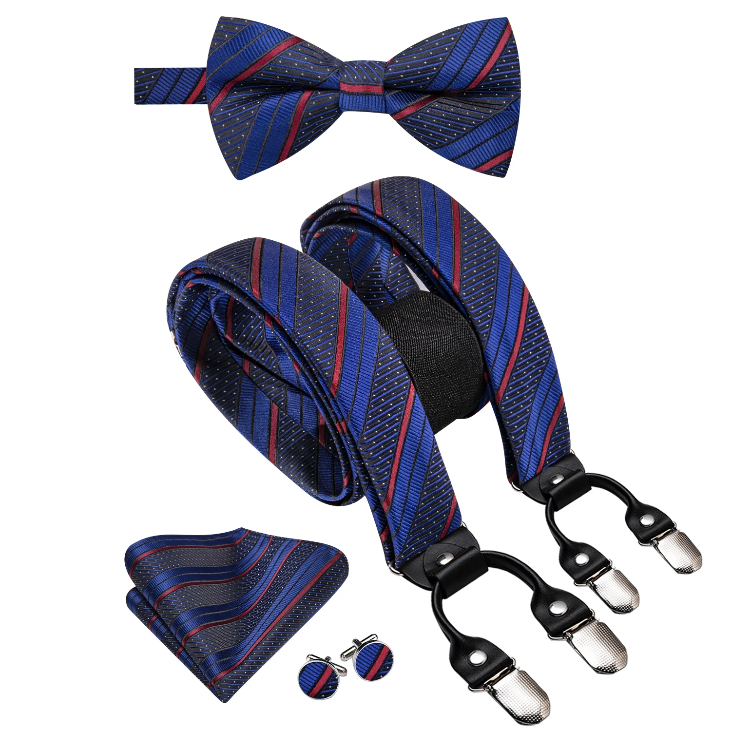 

Hi-Tie Striped Navy Blue Silk Men Suspender Bowtie Hanky Cufflink Adjustable Clip On Brace for Male Wedding Business Wholesale