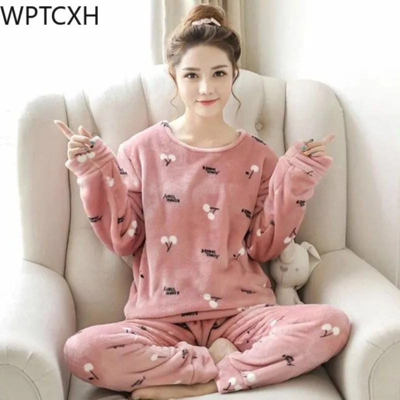

Пижама WPTCXH Женская осенне-зимняя фланелевая ночная рубашка Корейская версия утепленная Коралловая бархатная одежда для сна с длинным рукавом Домашняя одежда комплект