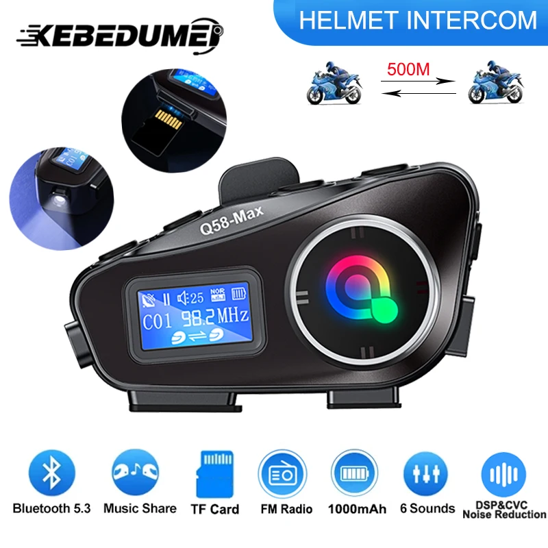 

Motorcycle Intercom Helmet Headset FM Radio BT 5.3 Intercomunicador Moto Music Sharing LCD Display Flashlight 500M Interphone