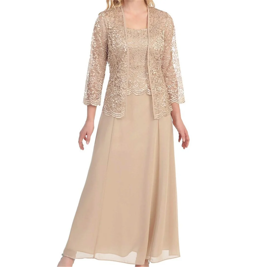 

Платье-трапеция цвета шампанского для матери невесты с кружевной курткой с рукавом три четверти элегантное платье до пола для торжественных случаев