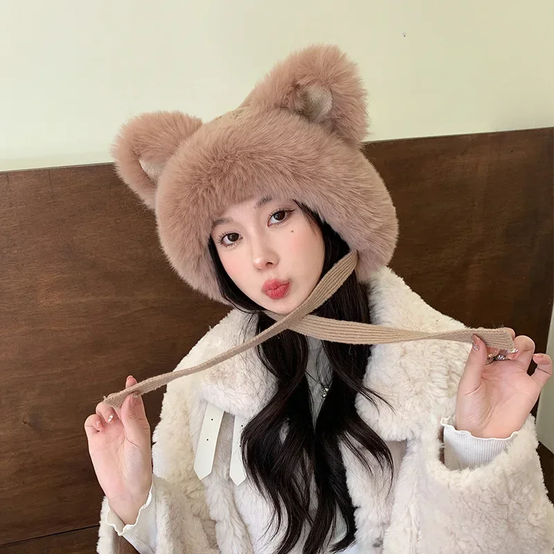 

Fox Ear Hat Female Winter Sweet and Cute Knitted Woolen Lei Feng Hat Plush Thick and Warm Northeast Mongolian Hat