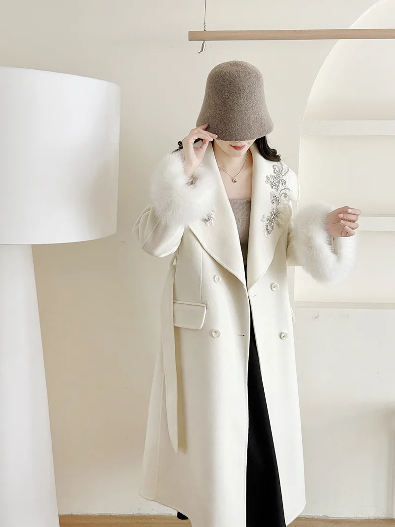 

Hot-selling women New fox fur high-end bead embroidery rich daughter extra long double-sided wool coat temperament woolen coat