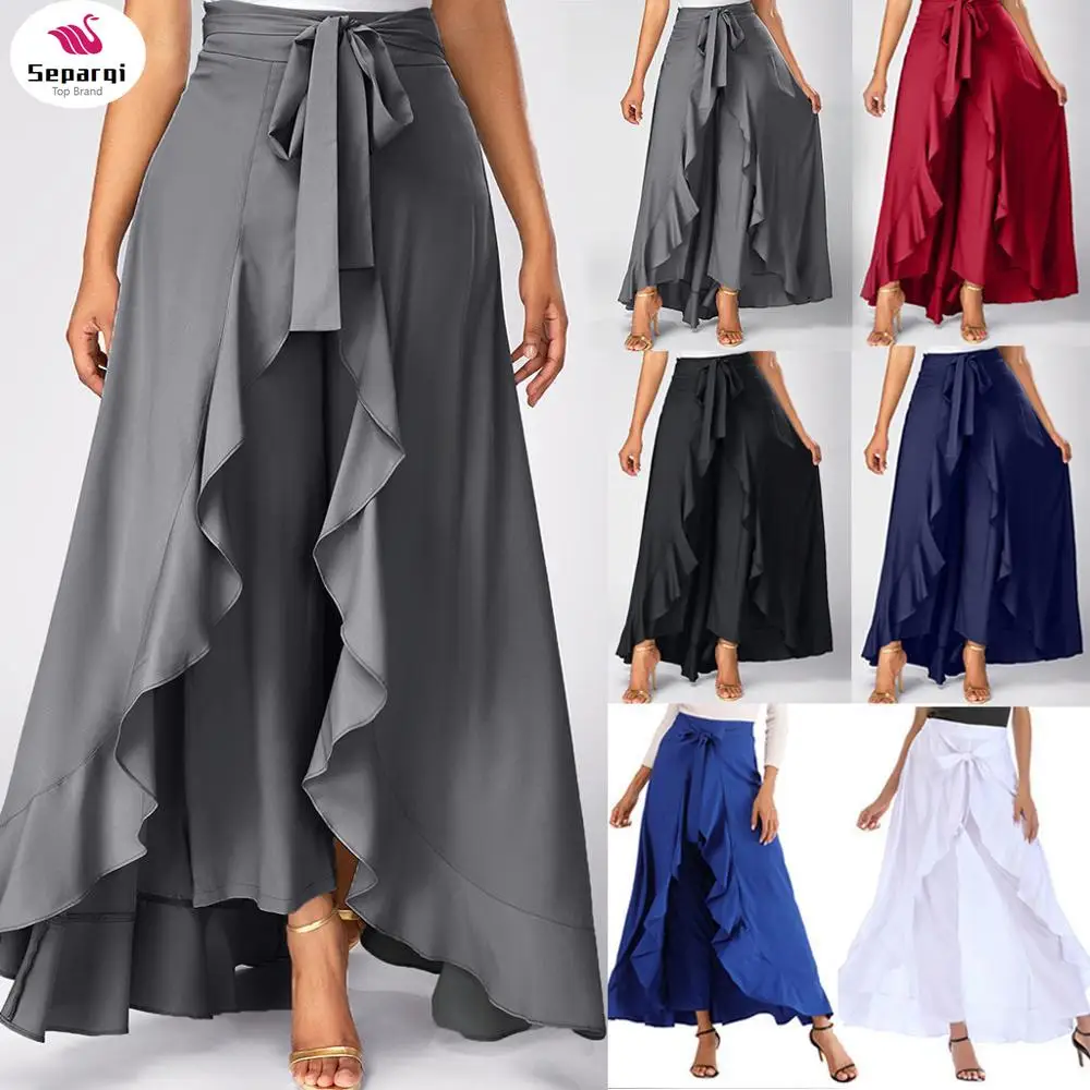 

Summer Irregular Skirts Womens Solid Front Overlay Pants Ruffle Skirts Fashion Ladies Belt Boho Long Skirt Falda Mujer 2024