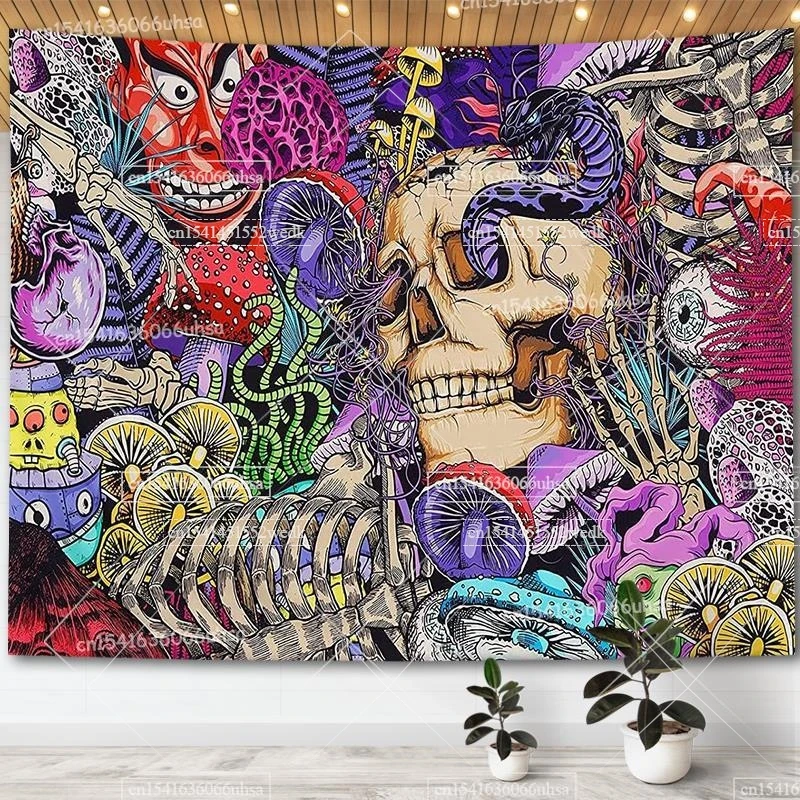 

Trippy Skeleton Tapestry Psychedelic Arabesque Tapestries For Bedroom Wall Hanging Room Decor Aesthetic Mushroom Skull Posters